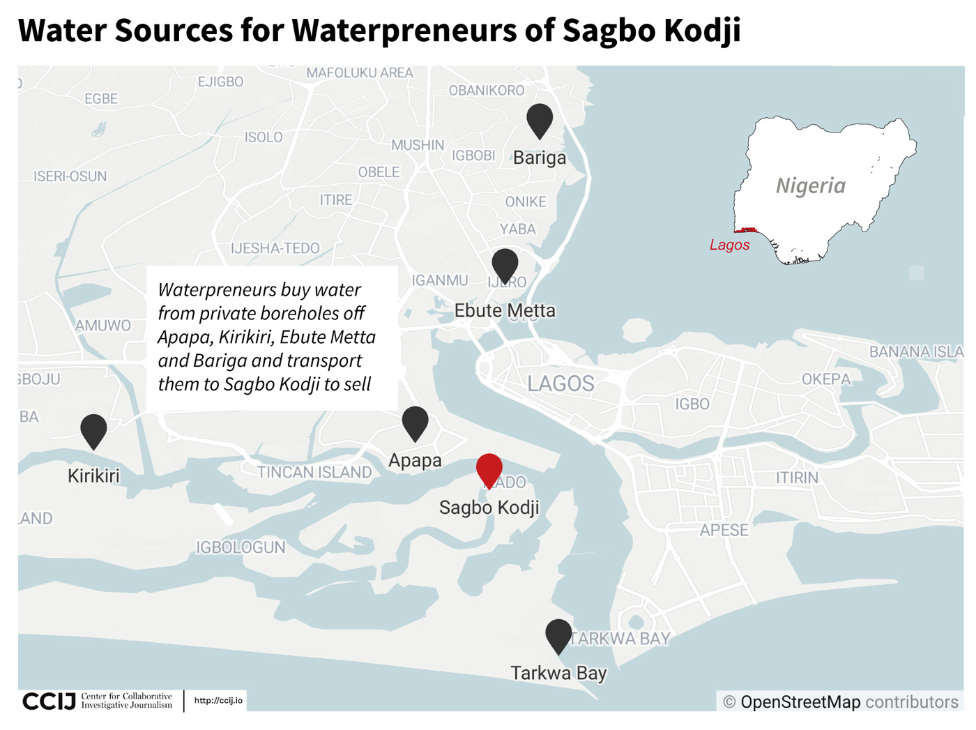 Map showing the locations of water sources for waterpreneures of Sagbo Kodji
